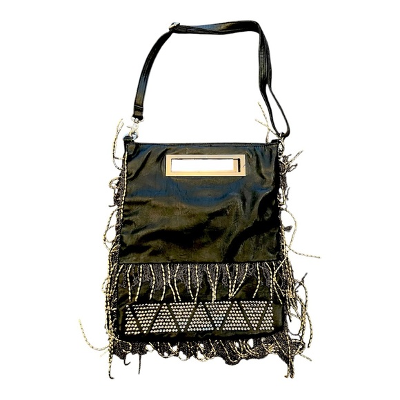 Black studded metal fringe faux leather bag - Picture 1 of 4